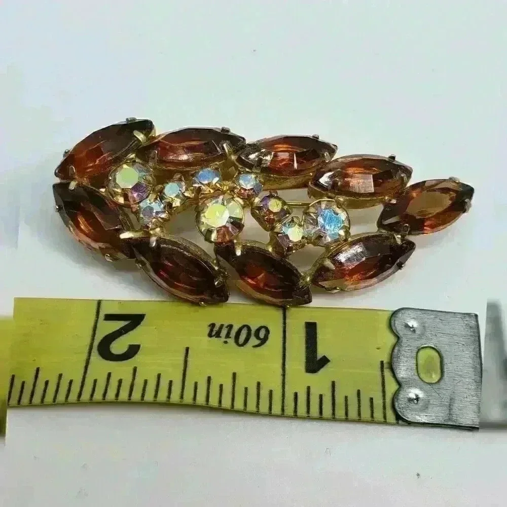 Vintage Rhinestone Leaf Brooch Open Back Brown & AB Stones Sherman Style